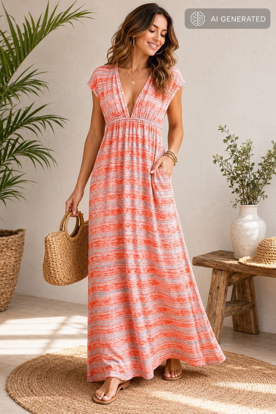 Dream Beach Women’s Coral Gray Striped Maxi Dress Empire Waist Made USA L